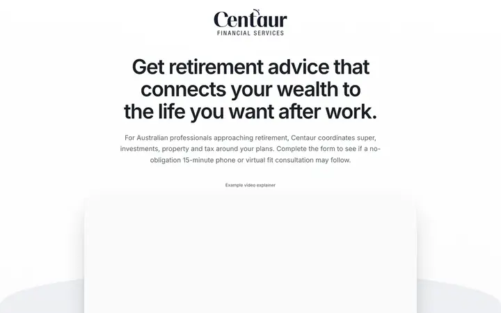 Landing page preview for Centaur Financial Services